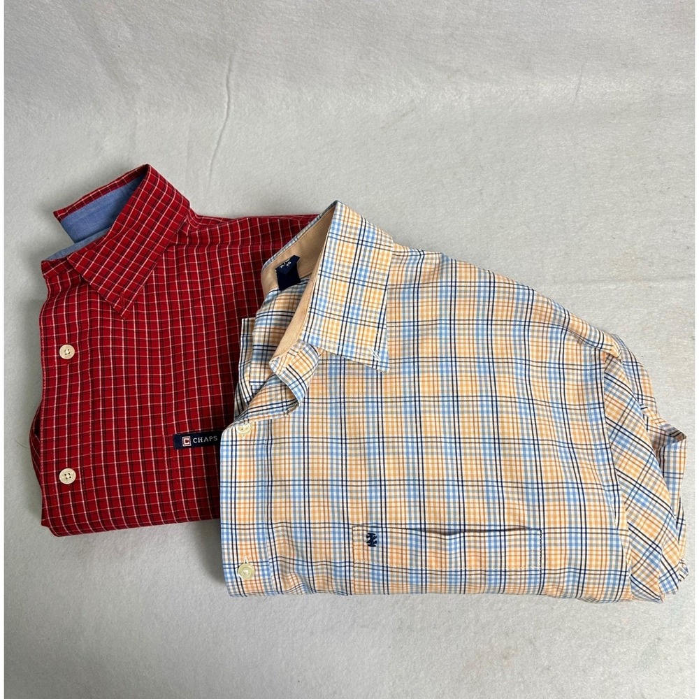 Preppy Izod Chaps Mens XXL Tall Red Orange Plaid Button Down Shirt Bundle 2pc